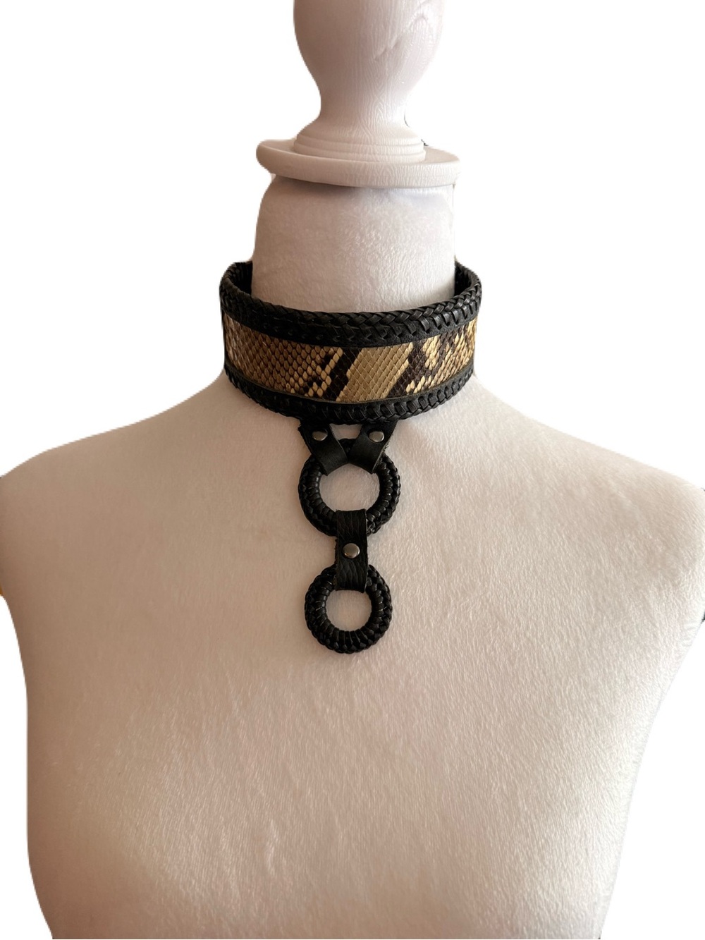 Vintage Handmade Leather Snakeskin O-Ring Choker Necklace